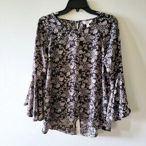 LC Lauren Conrad Gray Floral Bell Sleeve Top Blouse Women’s Medium